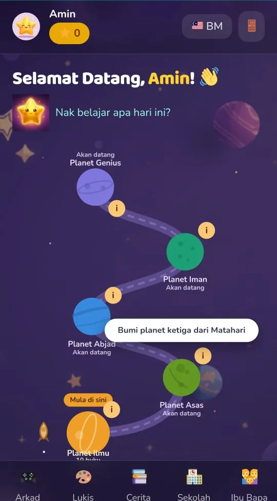 Peta planet pembelajaran dalam Starly Kids