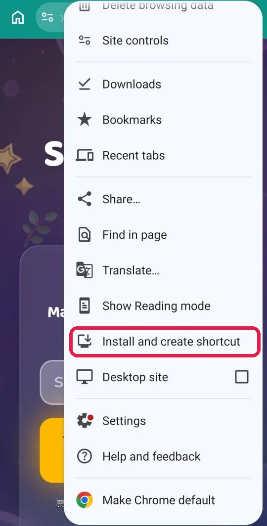 Menu Chrome yang sudah di-scroll, pilihan Install and create shortcut ditanda merah