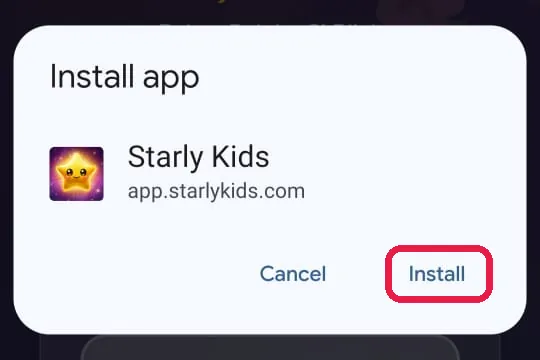 Kotak Install app untuk Starly Kids, butang Install ditanda merah