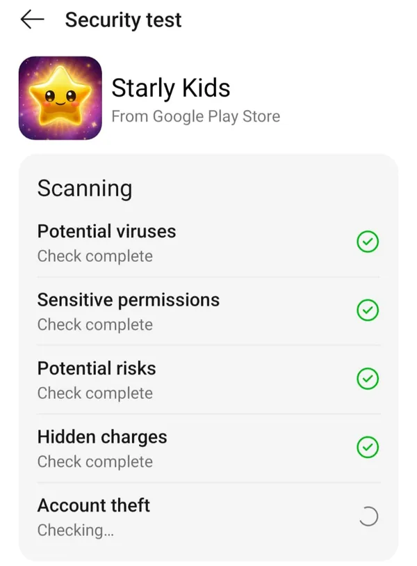 Skrin Security test telefon sedang mengimbas Starly Kids