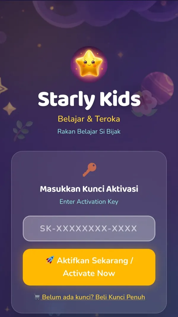 Starly Kids dibuka dari ikon, skrin penuh tanpa bar pelayar
