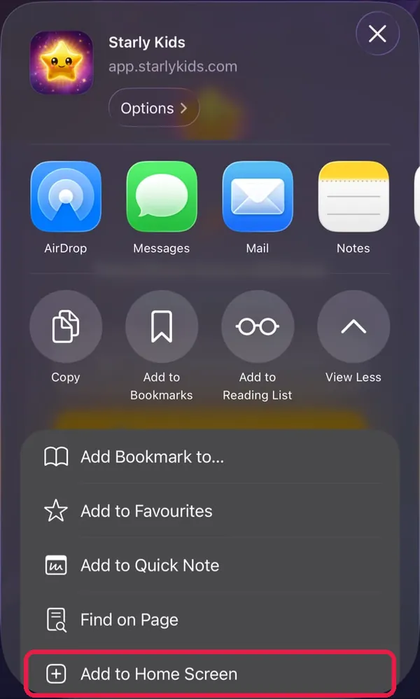 Helaian Kongsi iPhone, Add to Home Screen di bahagian paling bawah ditanda merah